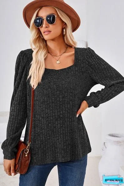 Ribbed Square Neck Long Sleeve T-Shirt