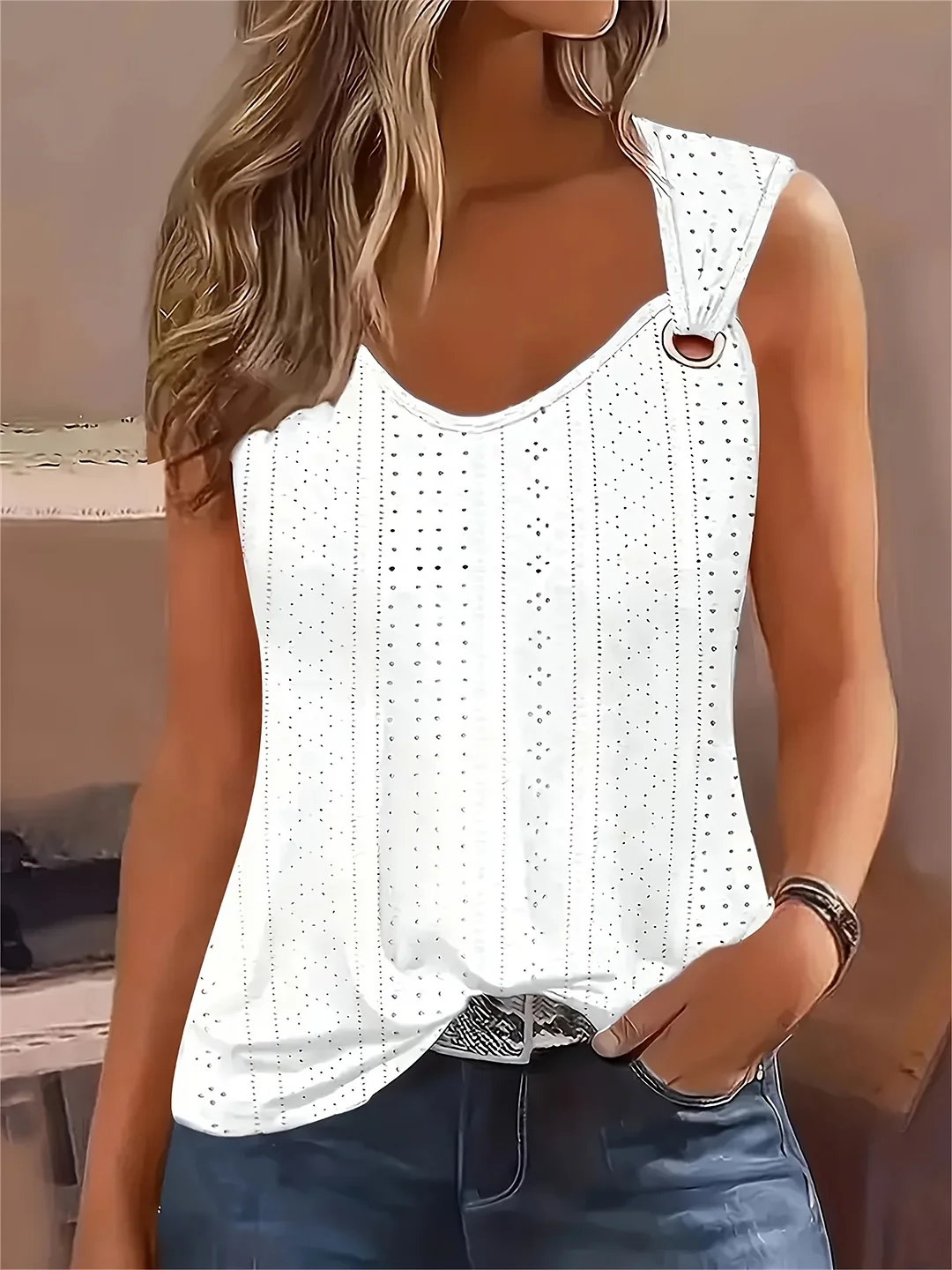 Women's Solid Color Perforated Solid Thin Shoulder Ring Design Sleeveless Top, Summer Women's Wear | IFYHOME