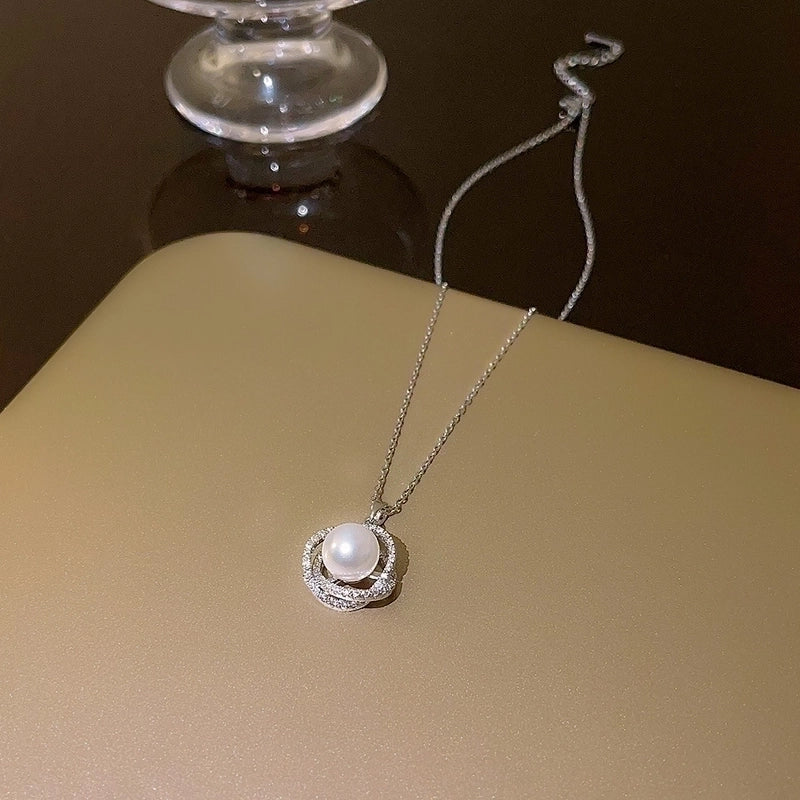 Elegant Lady Geometric Titanium Steel Artificial Pearls Zircon Inlay Pendant Necklace