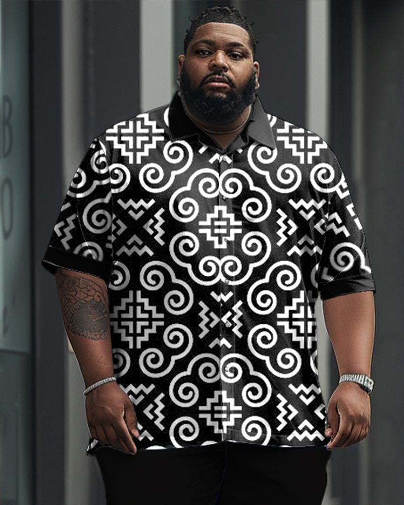 Men's Plus Size Business Casual Retro Pattern Printed Short Sleeve Shirt Trousers Suit