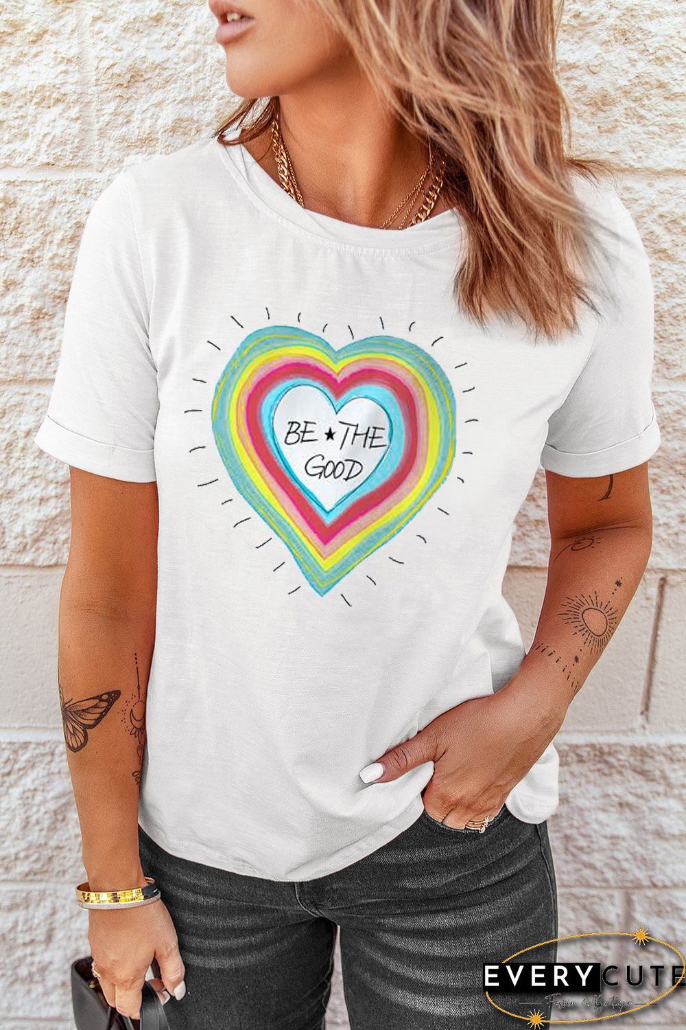 White Be The Good Heart-shaped Print Short Sleeve T Shirt
