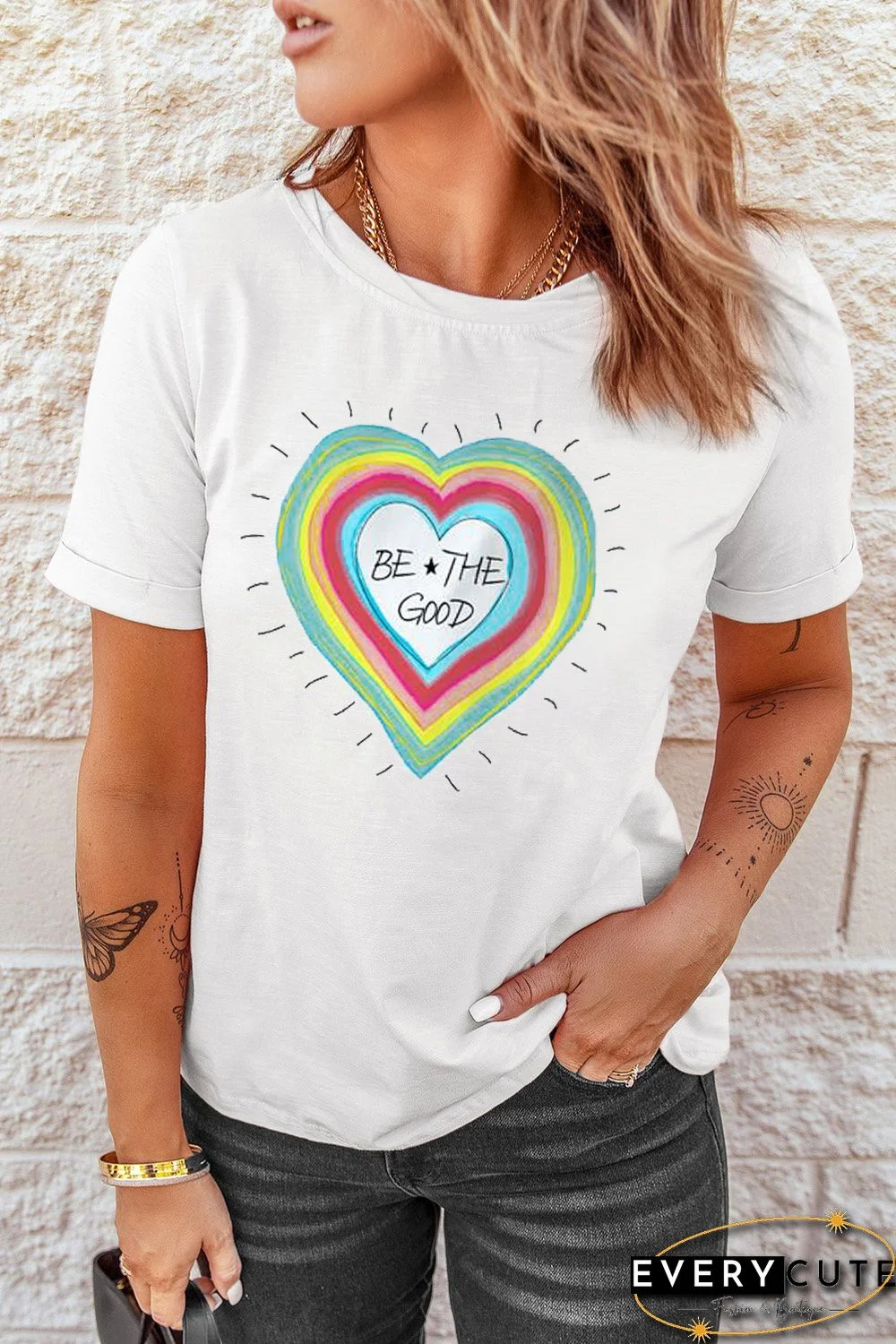 White Be The Good Heart-shaped Print Short Sleeve T Shirt
