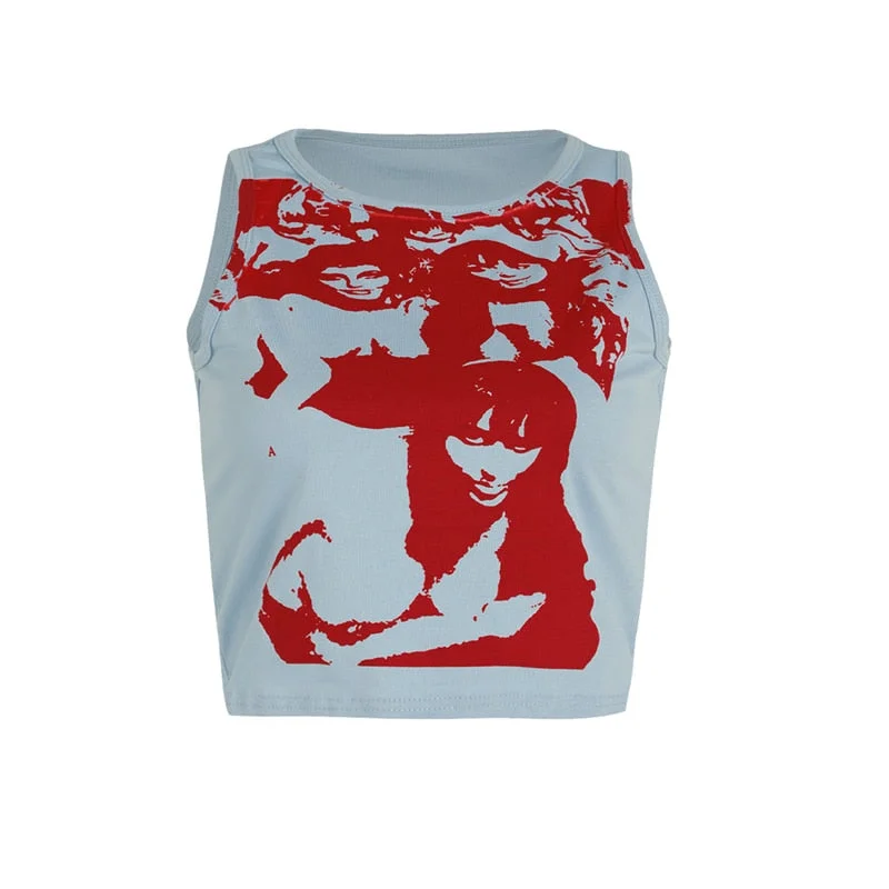 Xingqing Gothic Portrait Print T-shirt Aesthetic Short Sleevle Sweats Tees Harajuku Streetwear White Crop Top Women Clothes