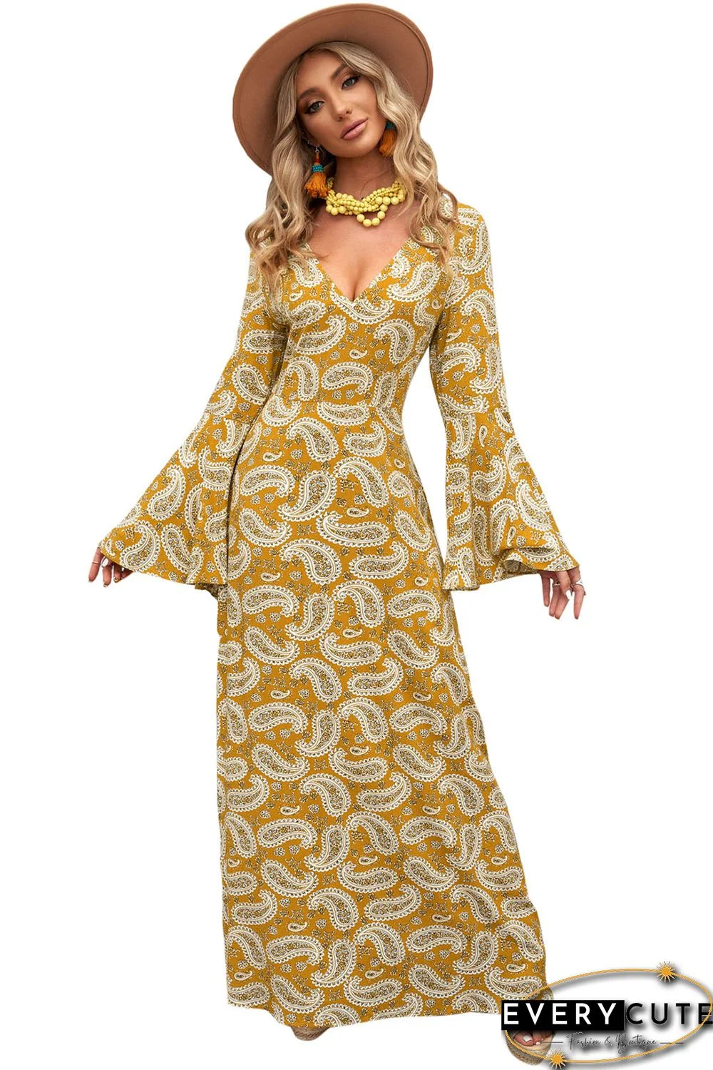 Yellow Bohemian V Neck Bell Sleeves Paisley Print Maxi Dress