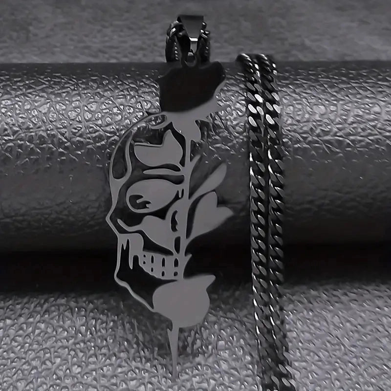 Vintage Style Punk Rose Skull 304 Stainless Steel Vacuum Vapor Plating Black Halloween Unisex Pendant Necklace