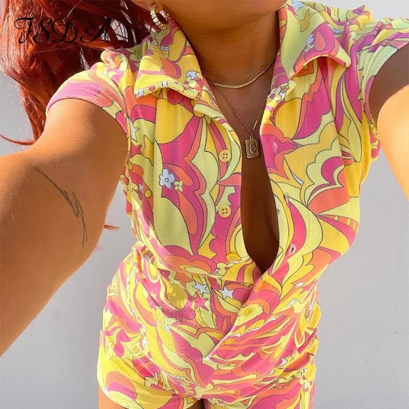 FSDA 2021 Yellow Summer Short Sleeve Romper Women Beach Sexy V Neck Party Playsuit Casual Print Overalls Fashion