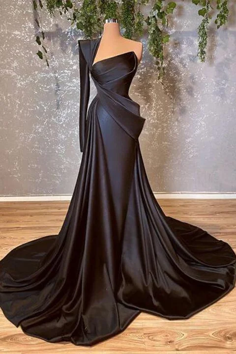 Luluslly Black One Shoulder Long Sleeve Evening Dress Mermaid Long