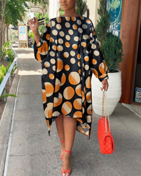 Brown Fashion Print Polka Dot Split Joint Asymmetrical Off the Shoulder Straight Dresses