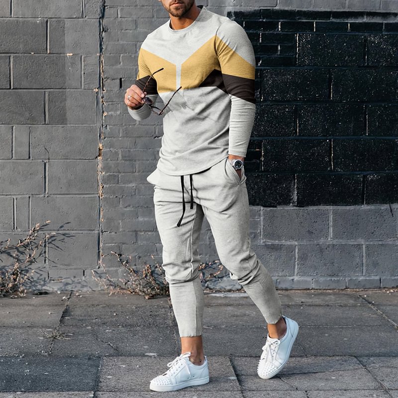 Casual Color Contrast Geometric Gray T-Shirt And Pants Co-Ord