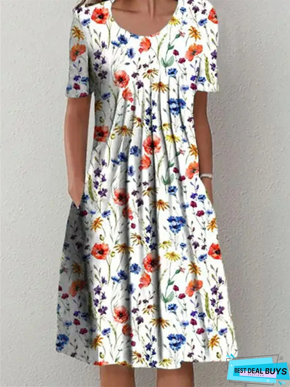 Casual Flower Round Neck Medium Length Straight Dress