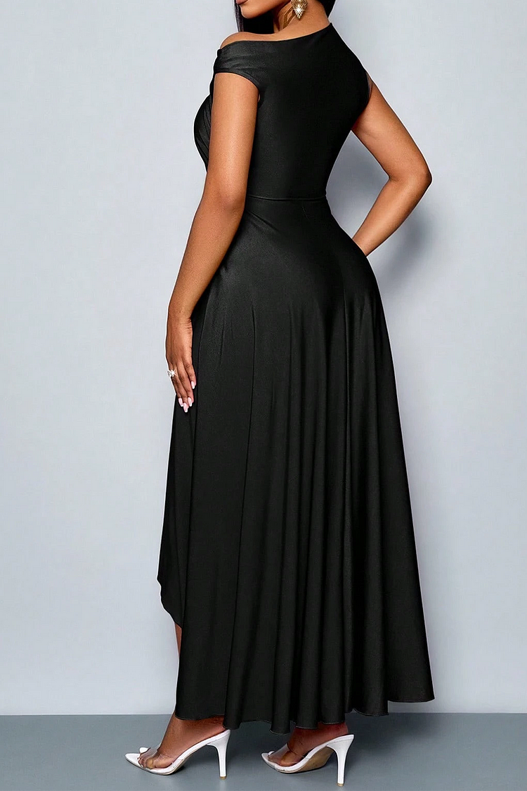 Plus Size Wedding Guest Black Oblique Collar Asymmetric Hem Elegant Satin Midi Dresses [Pre-Order]