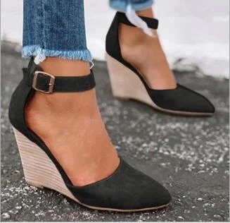 Women Wedges Heels Platform Sandals Summer Ladies Buckle Solid Pointed Toe Sandals Female Casual Office Party Shoes Plus Size 43