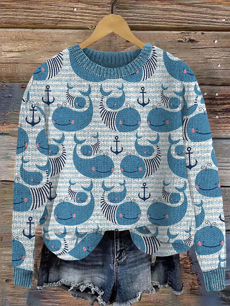 Ocean Killer Cute Shark Print Cozy Knit Sweater