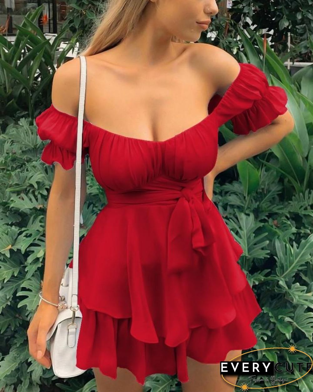 Solid Ruffles Hem Strap Short Sleeve Cold Shoulder Mini Dress P15263