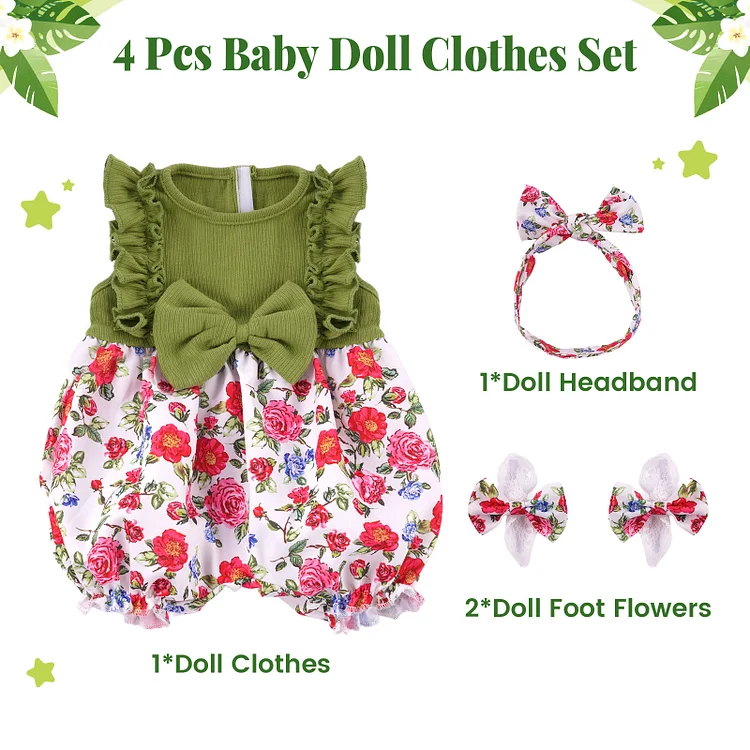 17"-20" Green Floral Print Clothes for Reborn Girl Baby Accessories Set