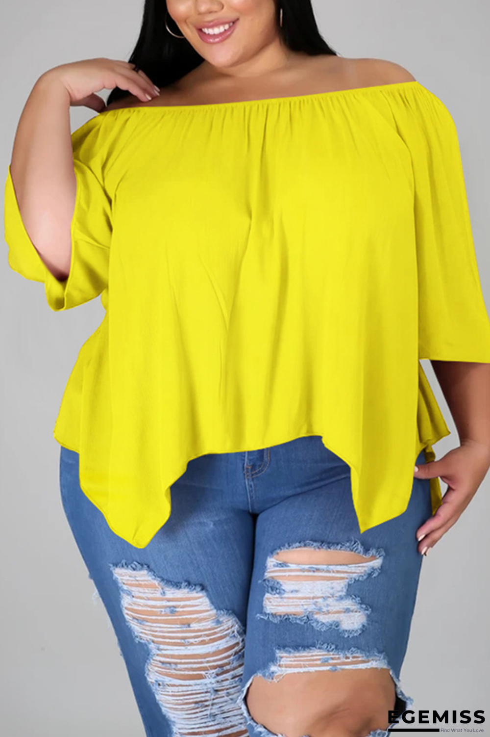 Yellow Fashion Casual Bateau Neck Half Sleeve Regular Sleeve Solid Plus Size Tops | EGEMISS