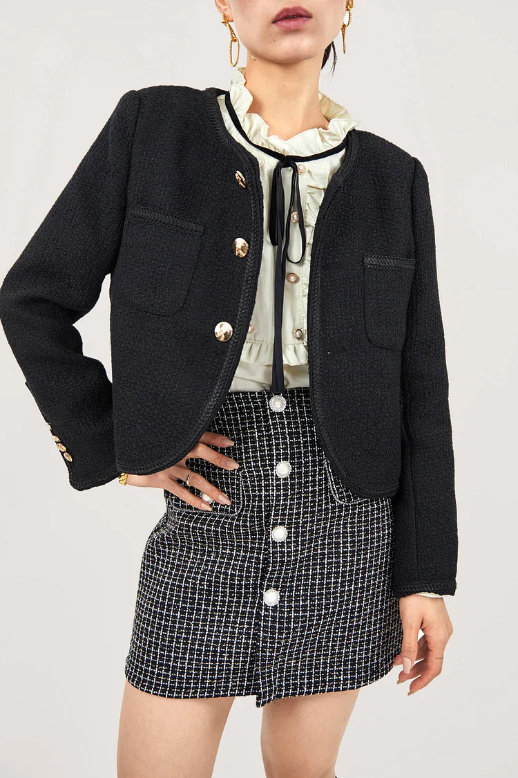 Black Frenchy Button Front Detail Tweed Jacket QueenFunky