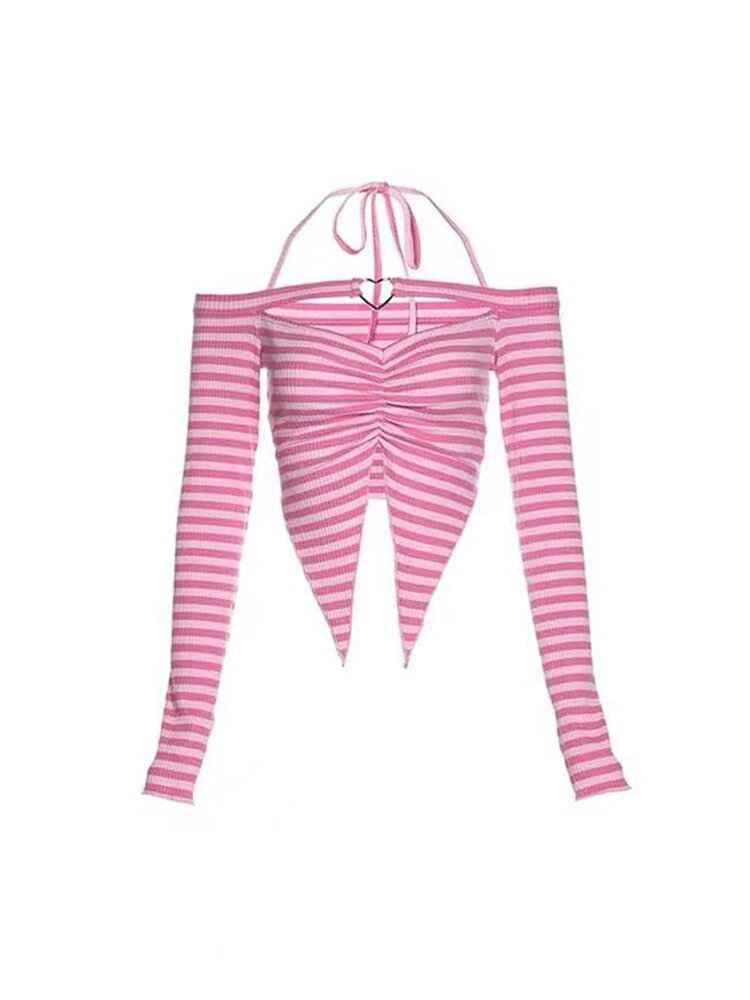 2022 New Summer E-girl Halter Crop Top Female Y2k Tide Sexy Club Stripe T-Shirts Women Corsets Long Sleeve Tee Design Streetwear