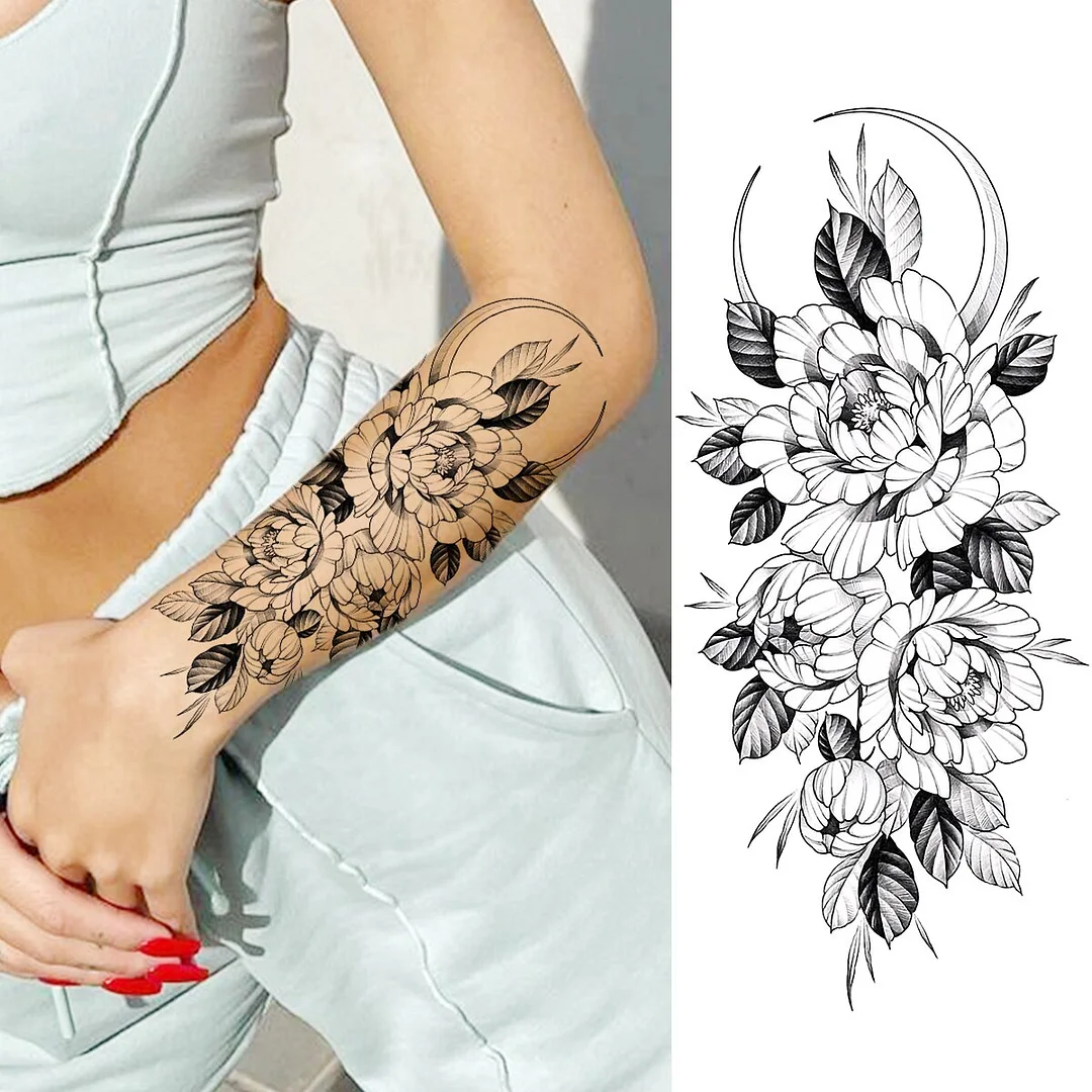 Sdrawing Peony Flower Moon Temporary Tattoos For Women Adult Rose Daisy Crown Fake Tattoo Fashion Washable Half Sleeve Tatoos