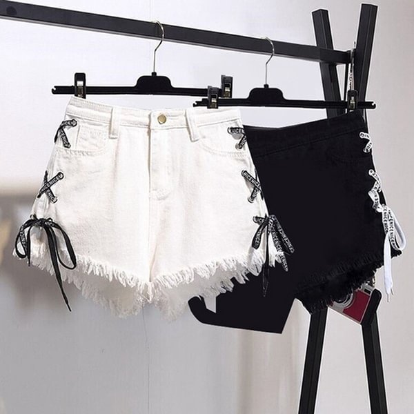 Women Fashion Raw-strap High-waist Denim Shorts with Loose Skinny Plus Size Pants - Life is Beautiful for You - SheChoic