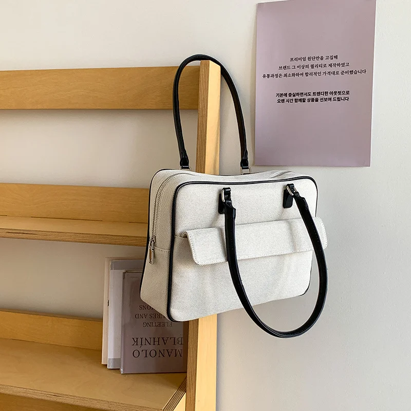 Mongw Mongw South Korea Early Spring New Spell Color Square Handbag Female Large Capacity Retro Fashion Commuter Canvas Single Shoulder Bag