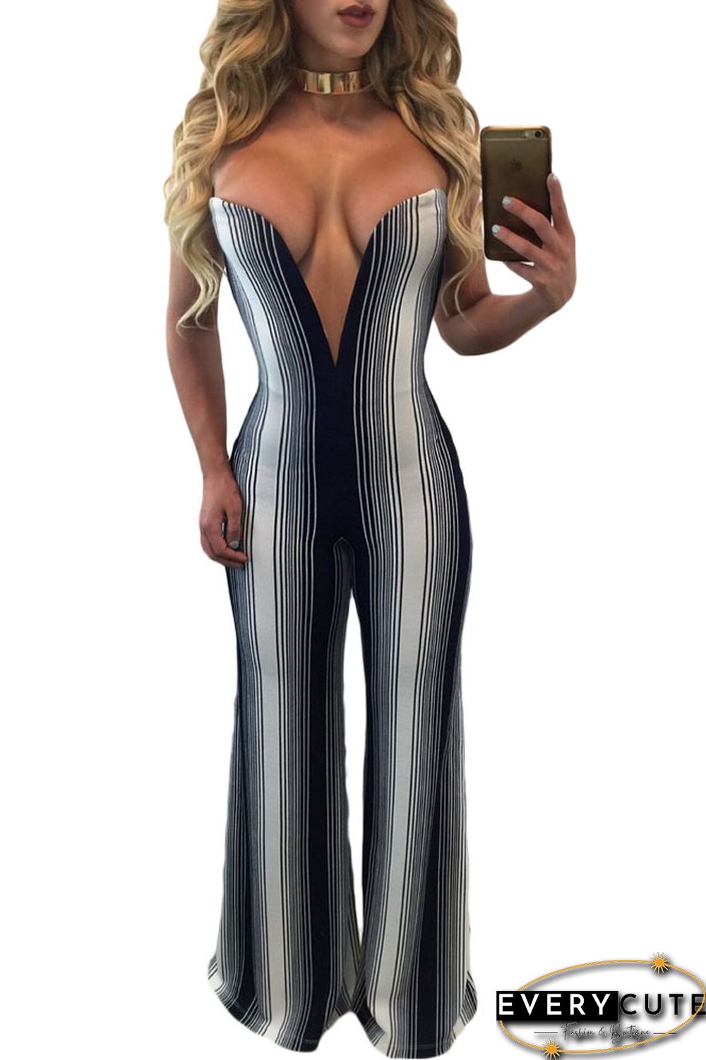 Navy Blue White Stripes Plunging V Neck Jumpsuit