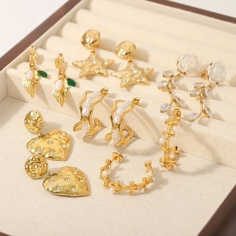 1 Pair Hip-Hop Vintage Style Classic Style Leaves Heart Shape Flower Tassel Plating Inlay Stainless Steel Zircon 18K Gold Plated Earrings