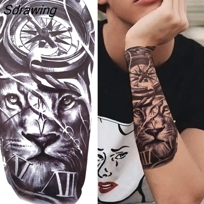 Sdrawing Tiger Temporary Tattoos For Men Women Kids Lion Skull Cross Tattoo Sticker Black Compass Skeleton Tatoos Leg Thigh 328-1