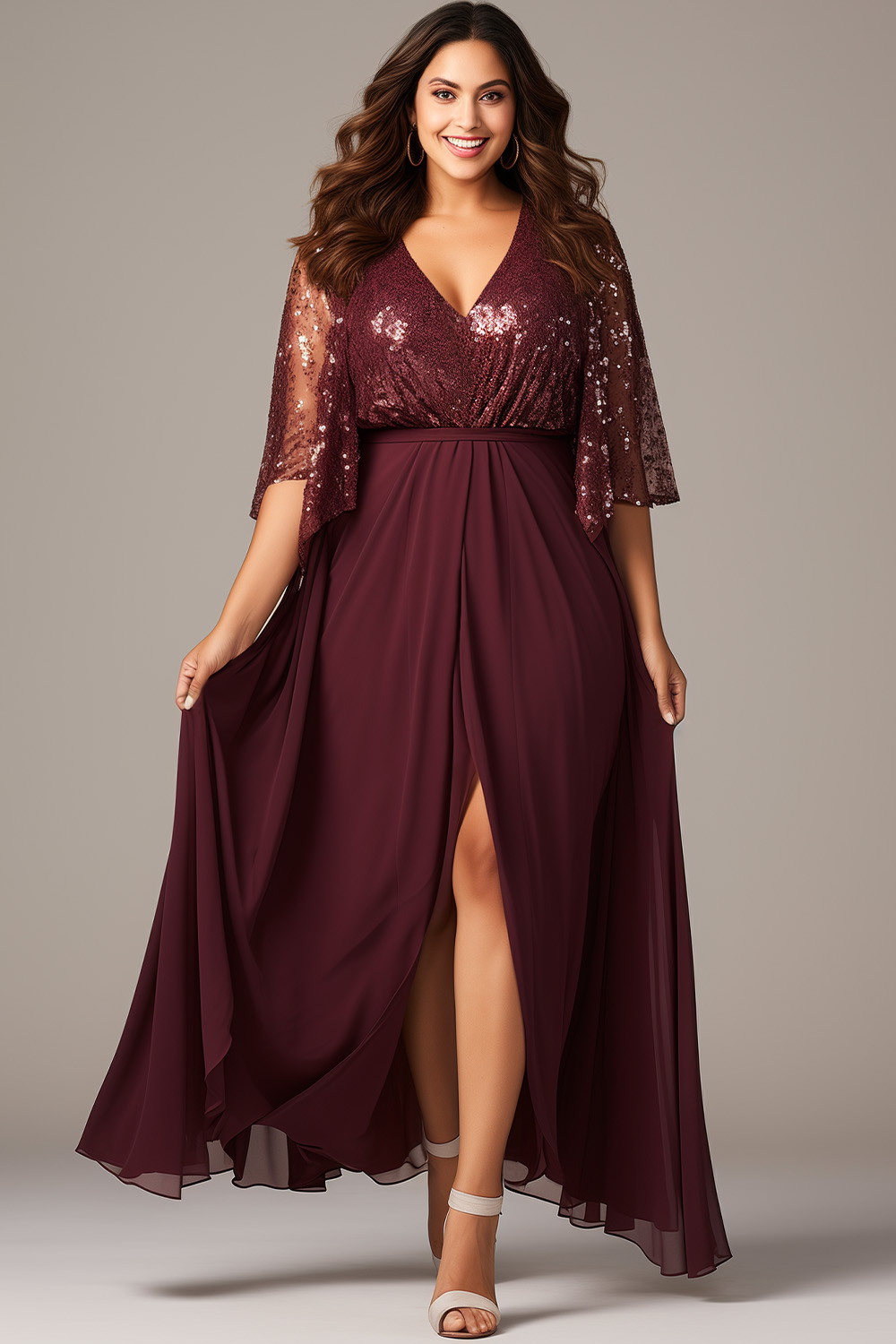 Flycurvy Plus Size Wedding Guest Burgundy Chiffon Sparkly See-Through Slit Flutter Sleeve Maxi Dress