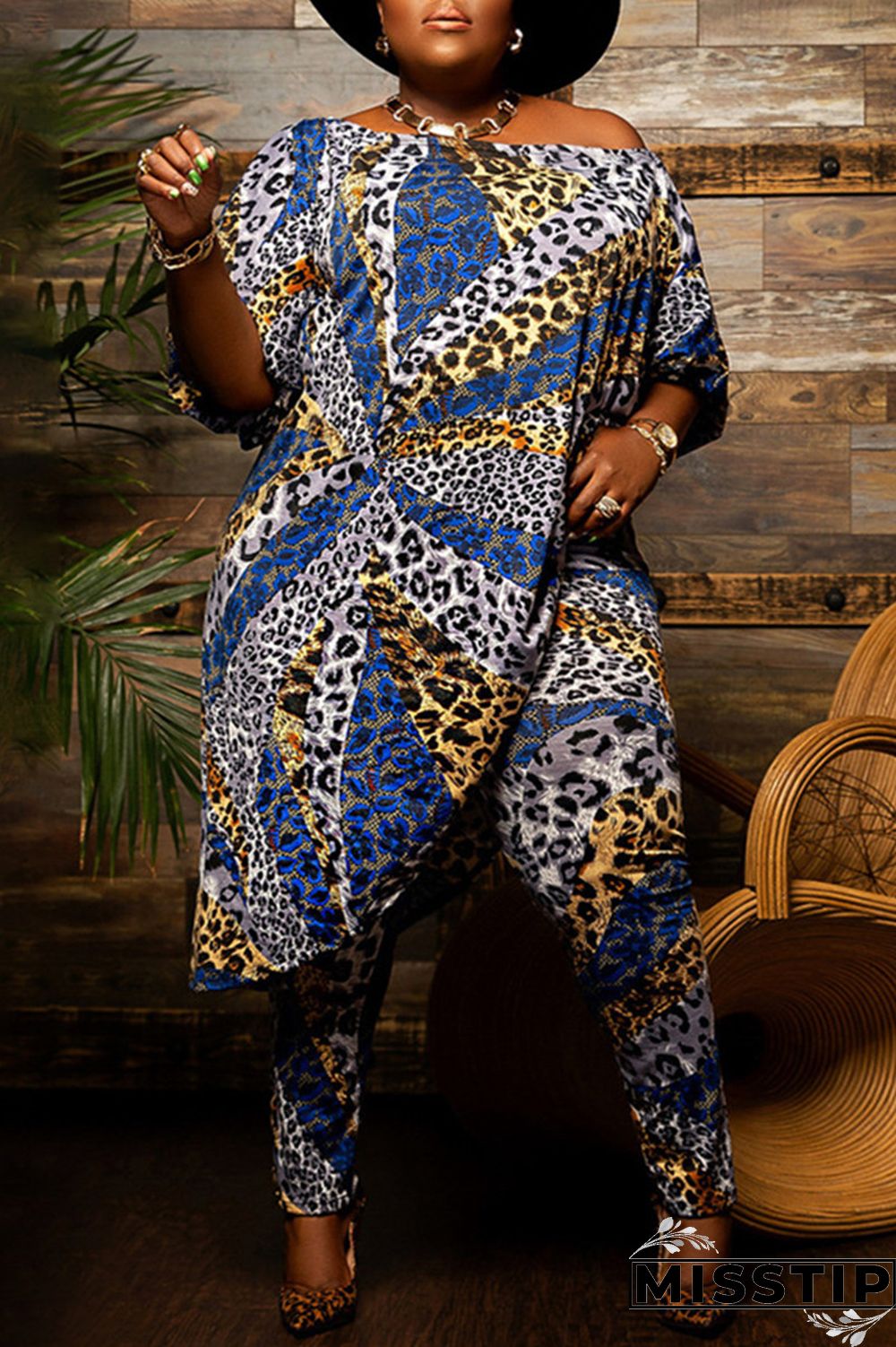 Leopard Print Fashion Casual Print Asymmetrical Off the Shoulder Plus Size Two Pieces
