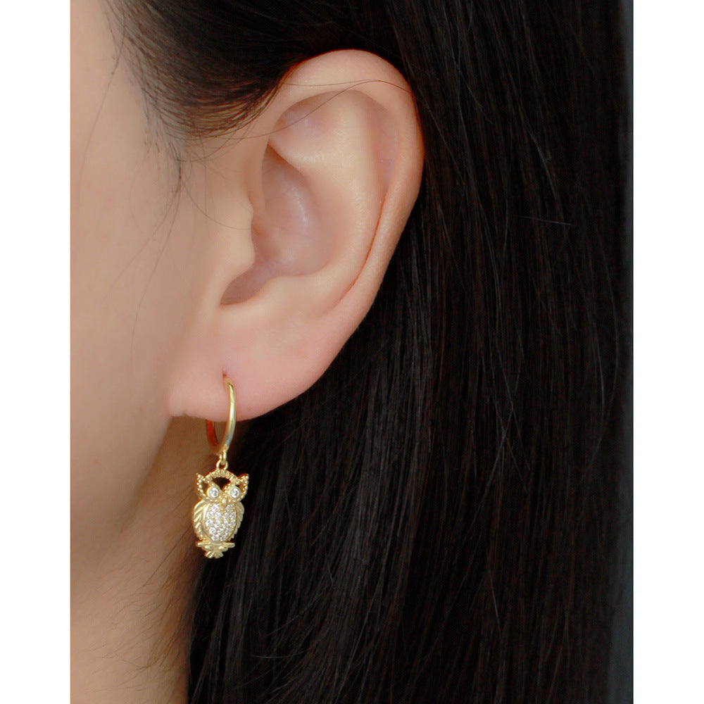 925 Sterling Silver Niche Owl Chinese Zodiac Animal Silver Diamond Inlay Stud Earrings