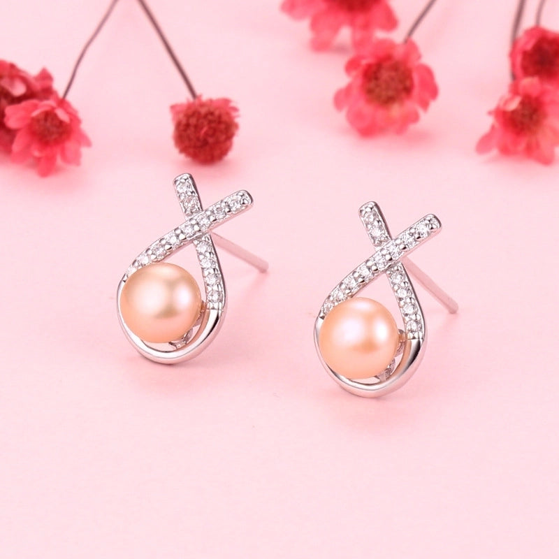 1 Pair 925 Sterling Silver Pearl Geometric Ear Studs