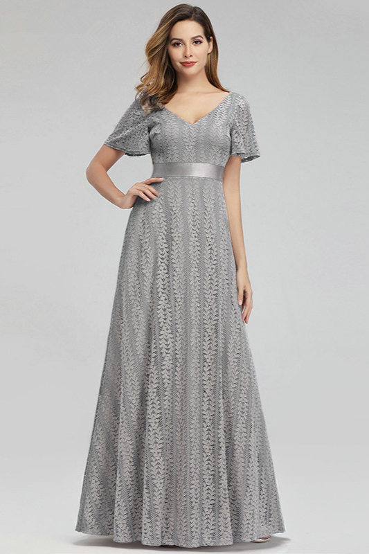 Grey Short Sleeve Lace Long Prom Dress Online - lulusllly