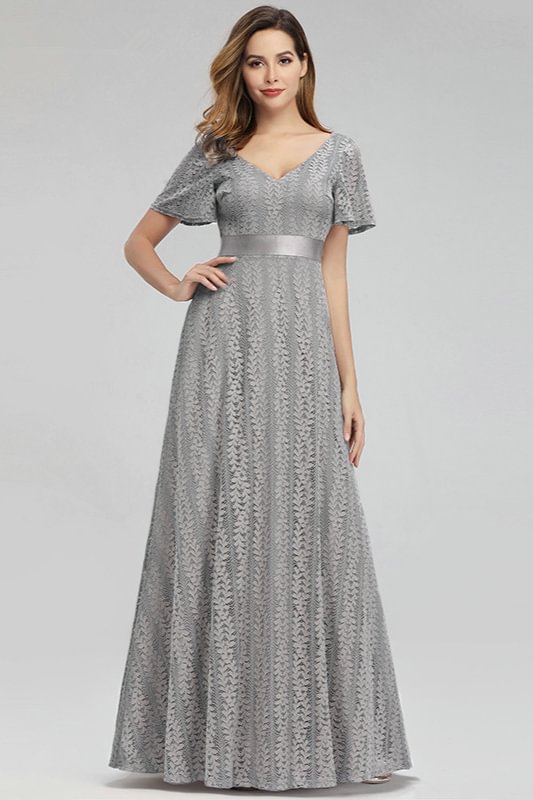 Grey Short Sleeve Lace Long Prom Dress Online
