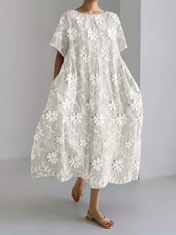 3D Daisy Floral Embroidered Lace Linen Blend Maxi Dress