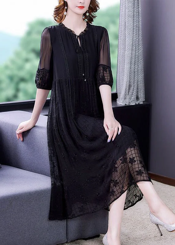 Italian Black Embroideried Lace Up Hollow Out Silk Dress Short Sleeve