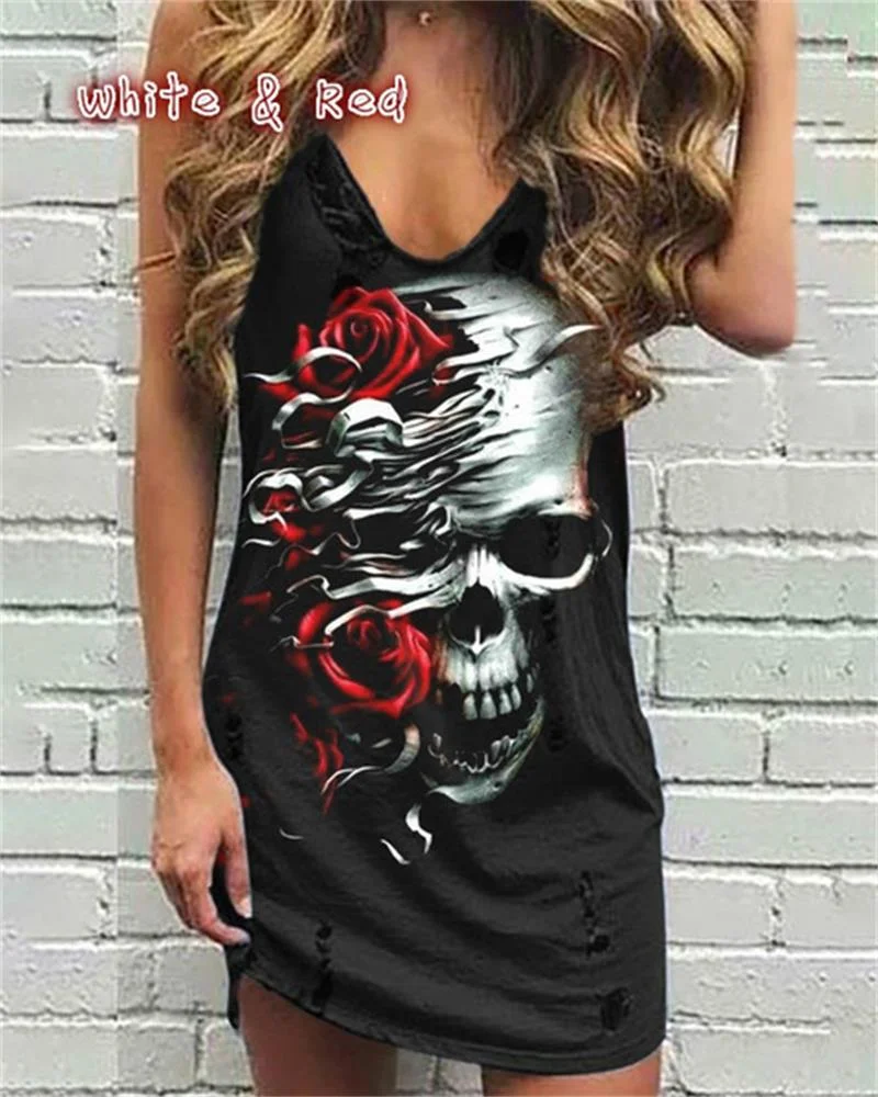 Graduation Gifts  Skull Print Women Sleeveless Shirt Dress Summer Gothic Style Ladies Casual V Neck Loose Short Mini Dresses Tank