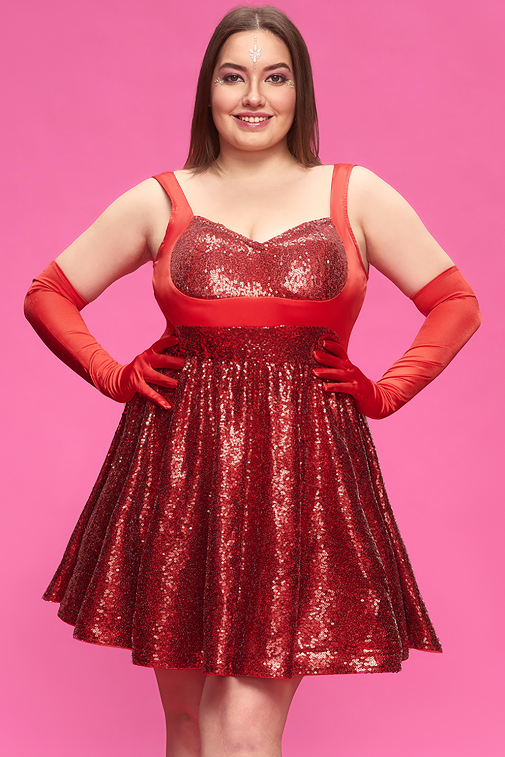 Design Plus Size Party Red V Neck Contrast Sequin Mini Dresses (Without Gloves) [Pre-Order]