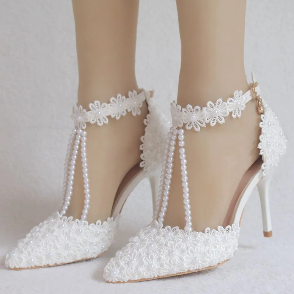 Breakj Breakj White Lace Wedding Shoes One-Word Wristband Bridal Shoes Fine Heel Tip Wedding Shoes Women's Sandals