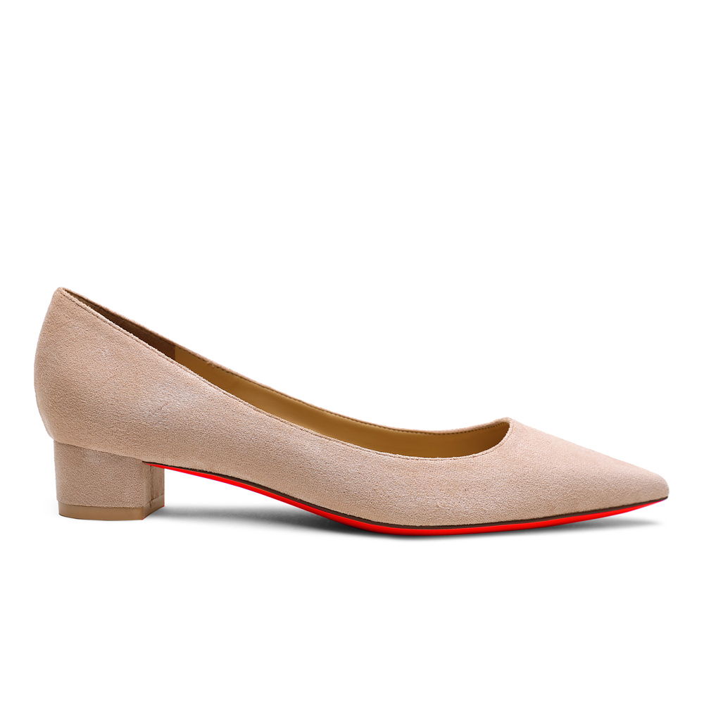 30mm Chunky Heels Pointed Toe Red Bottom Kitten Daily Suede Pumps Low Heels for Women-MERUMOTE
