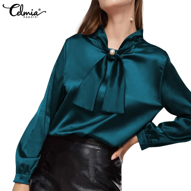Celmia Women Elegant Satin Blouse 2022 Fashion Bow Tie Office Tops Long Sleeve Casual Autumn Slik Shirts Oversized Party Blusas
