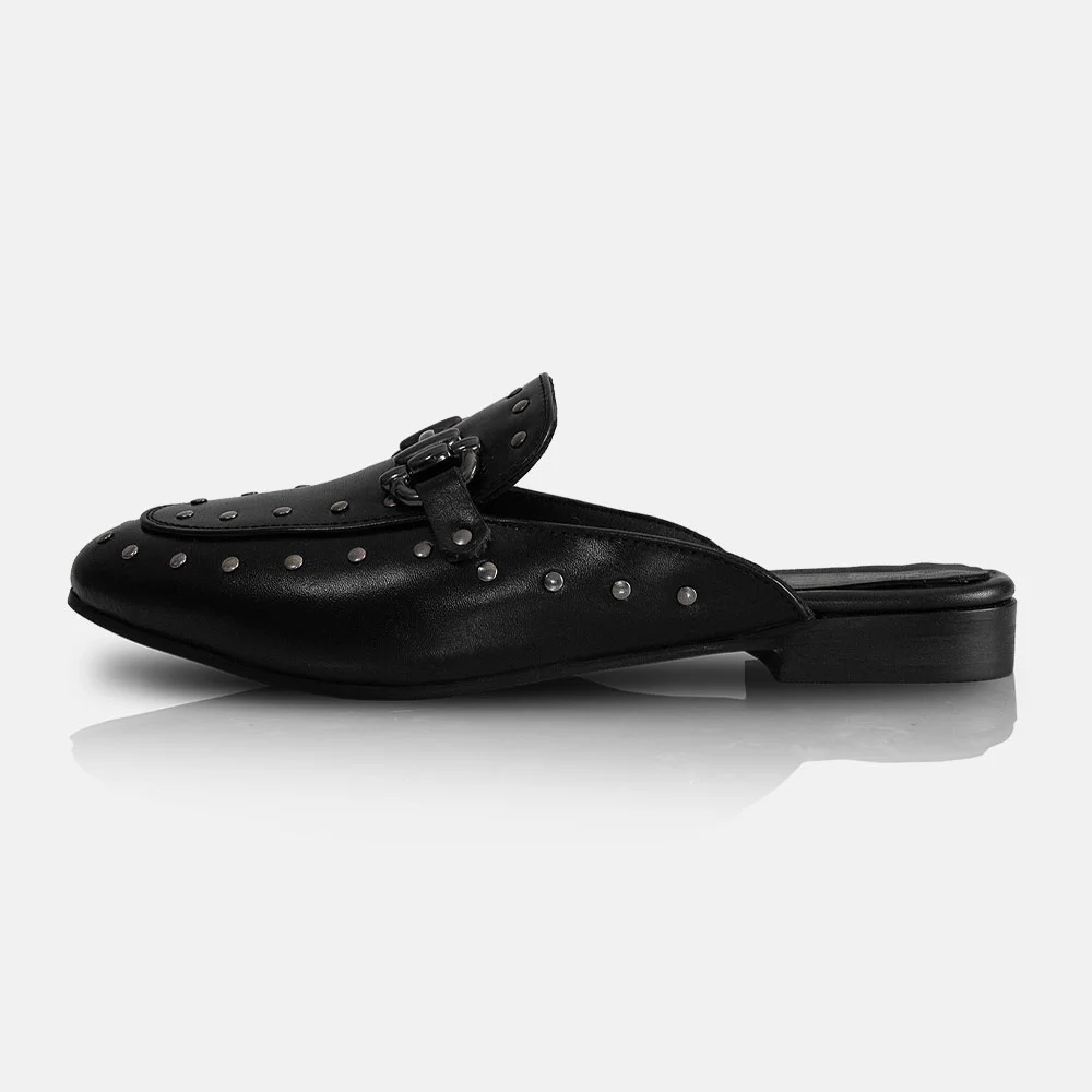 Classic Black Faux Leather Round Toe Silver Studded Mules Shoes