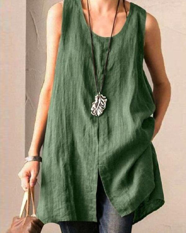 Solid Casual Sleeveless Slit High Low Blouse - Chicaggo