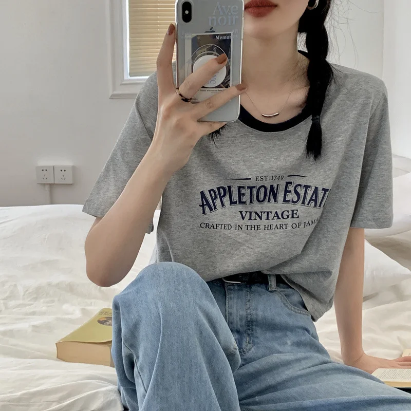 Uveng Uveng Round Collar Short Sleeved T Shirt Female 2024 Summer Letter Print Loose Short Vintage Student Jacket Ins