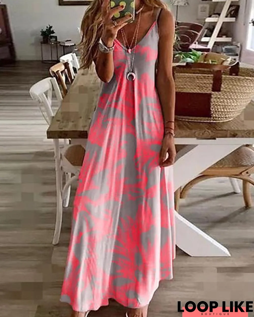 Women's Sundress Maxi Long Dress Sleeveless Floral Print Summer V Neck Hot Casual Holiday Beach Fuchsia