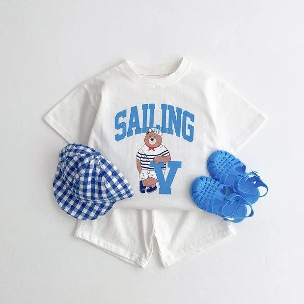 2pcs Baby Toddler Boy/Girl Lazy Bear Print Short Sleeve T-shirt and Shorts Set