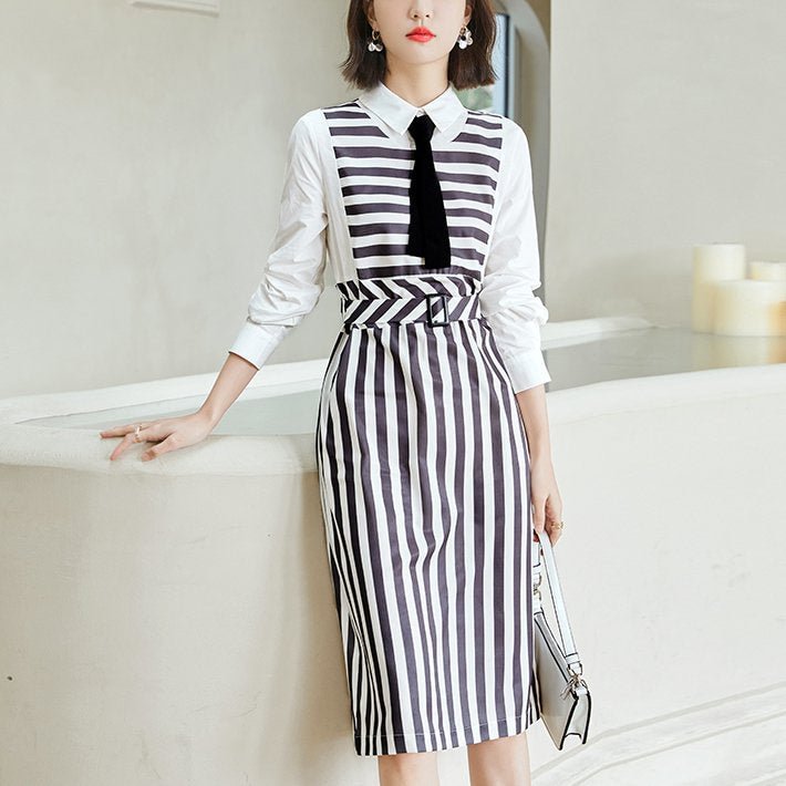 Stripe Long Sleeve Elegant Paneled Dresses