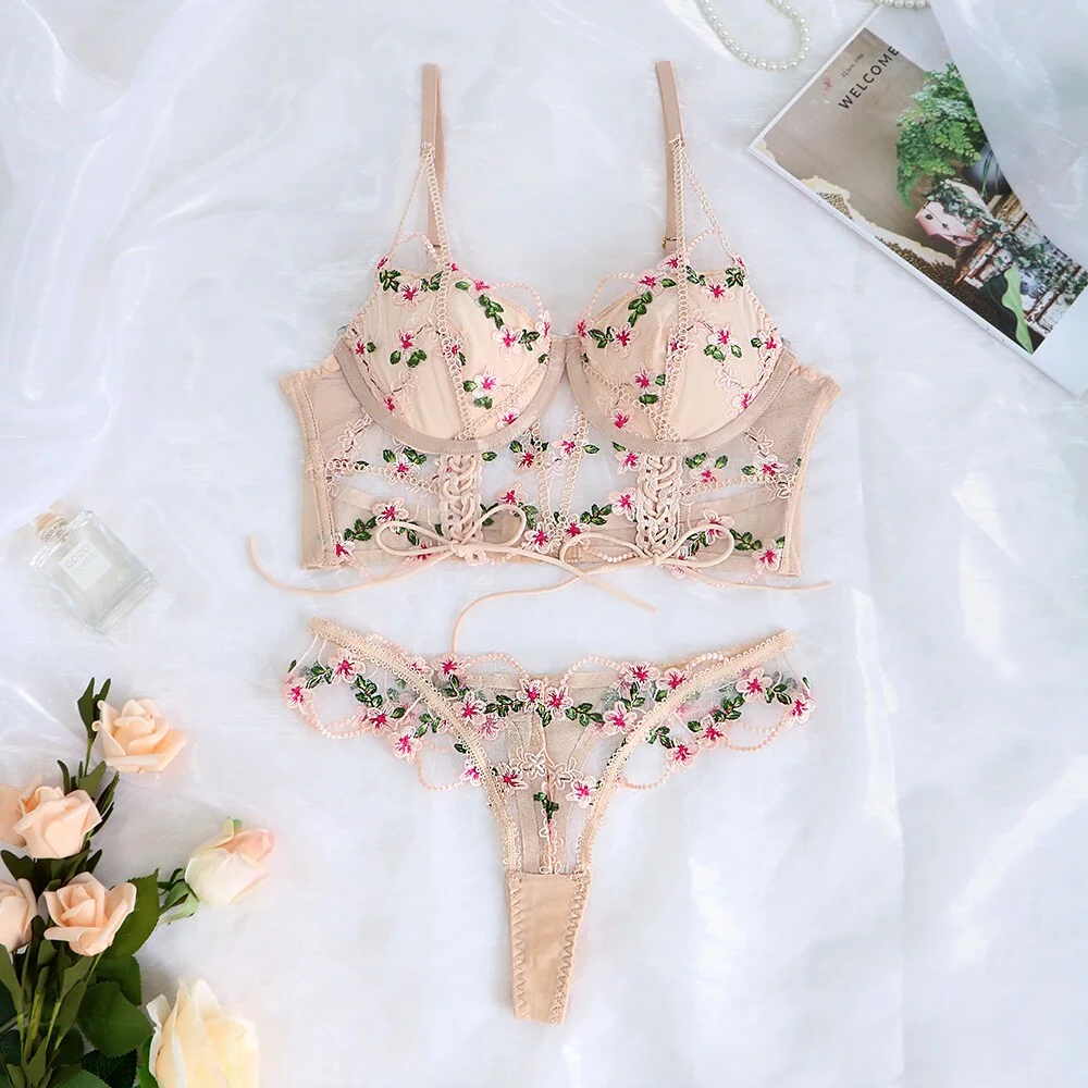Billionm Fancy Lingerie Sexy Underwear Set Women 2 Piece Fairy Floral Embroidery Delicate Brief Lace Up Transparent Bra Intimate
