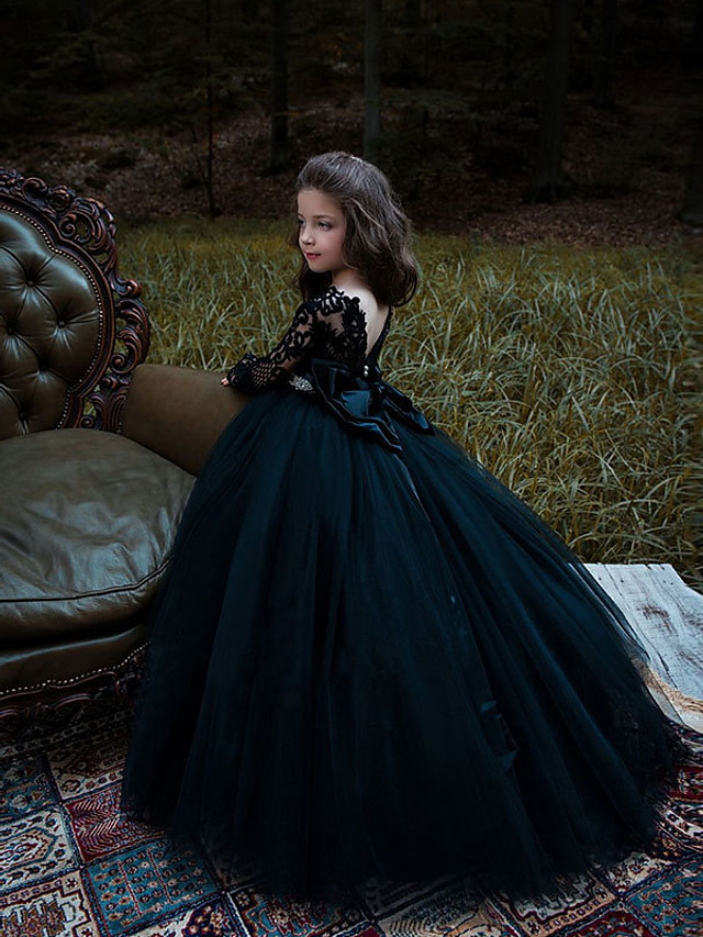 Bellasprom  Long Sleeve Jewel Ball Gown  Flower Girl Dresses Lace Tulle  With Appliques Bellasprom