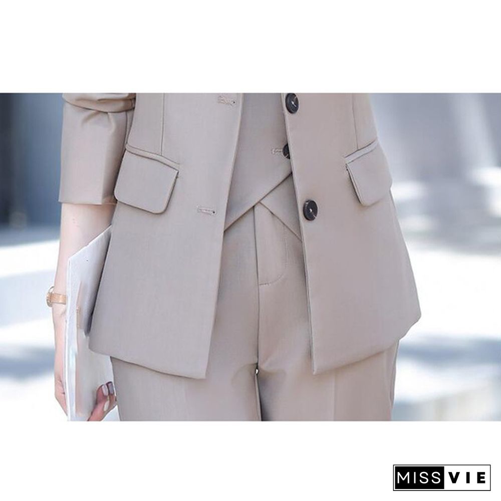 3 Piece Set Women Suits Elegant Ol Slim Blazer Suit+Double Breasted Vest+High Waist Skinny Ankle Length Pants Outfit Sets